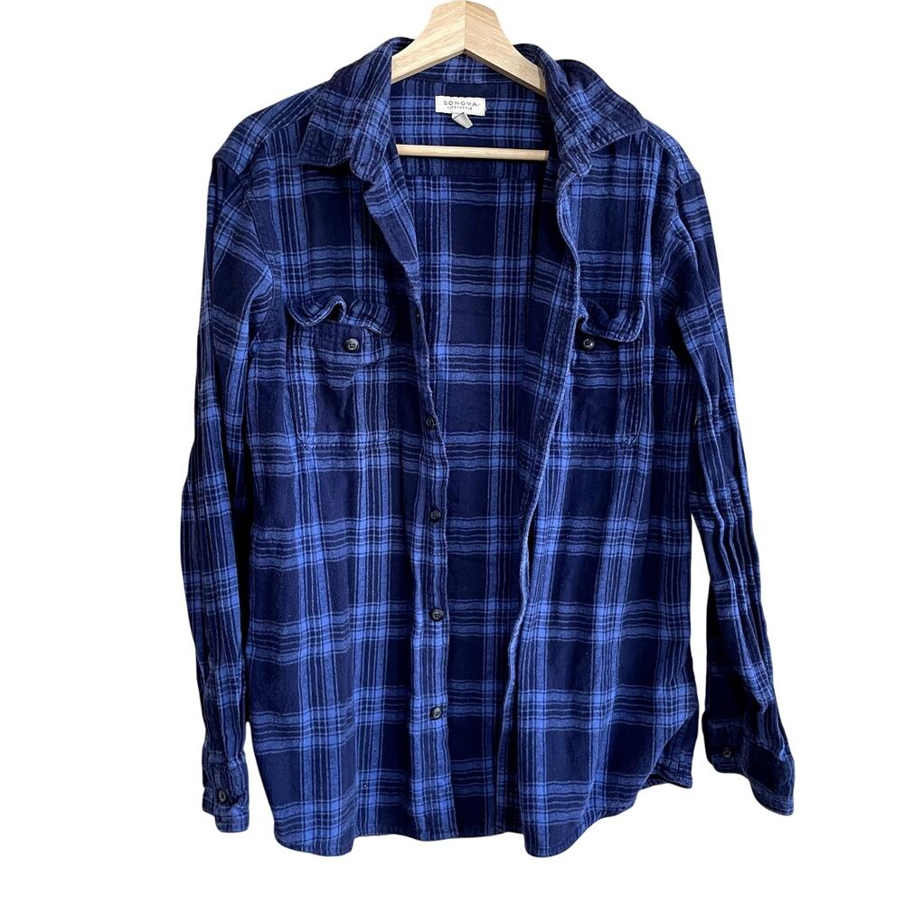 Sonoma Life + Style blue checkered fleece button down long sleeved shirt men's L